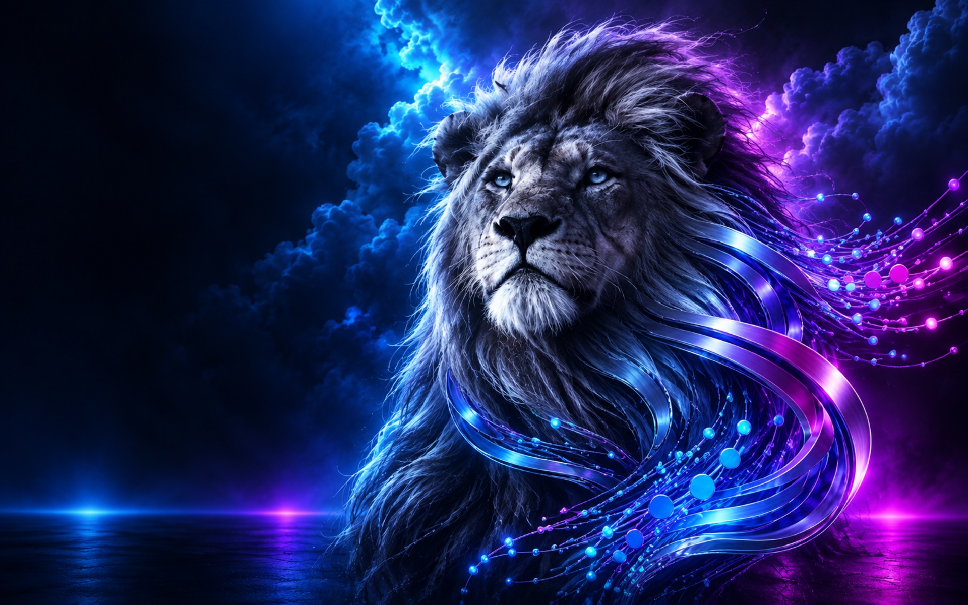A lion against dark blue and violet clouds, surrounded by flowing luminous strands