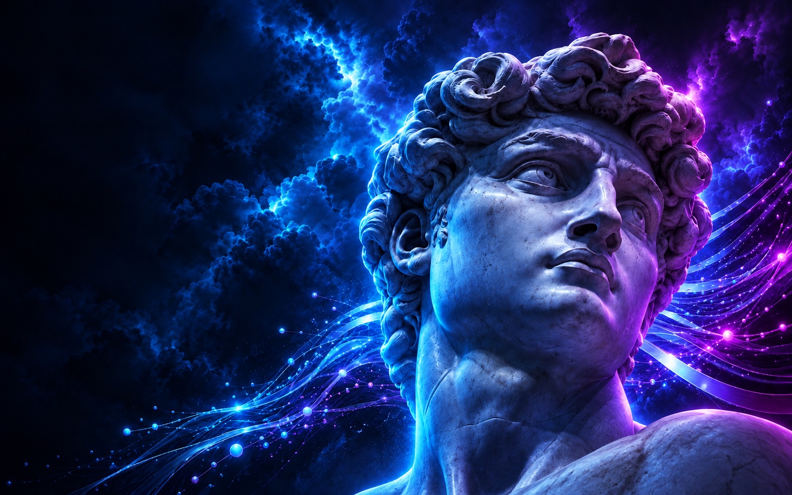 Classical sculpture set against Sequenza's blue and violet visual world