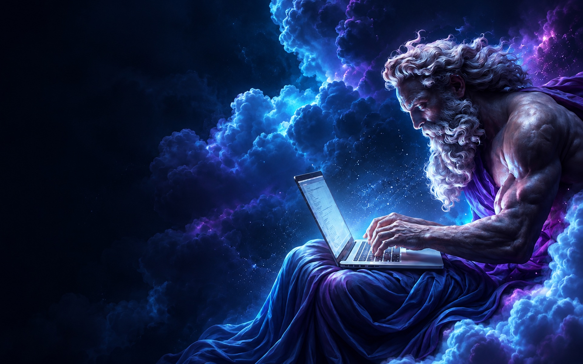 A classical figure working at a laptop amid blue and violet clouds